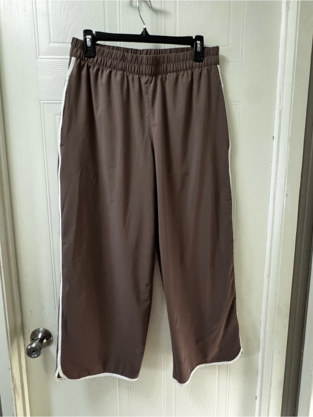 Athleta Brown Wide-Leg Track Pants with White Side Trim